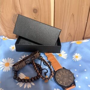 Brown Leather Strap Watch with Bracelet Set